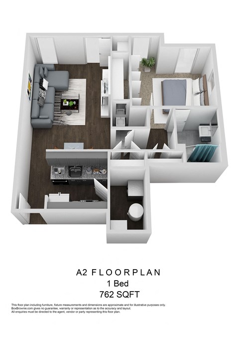 Floor plan for 1 bed, 1.5 baths, 762 sqft